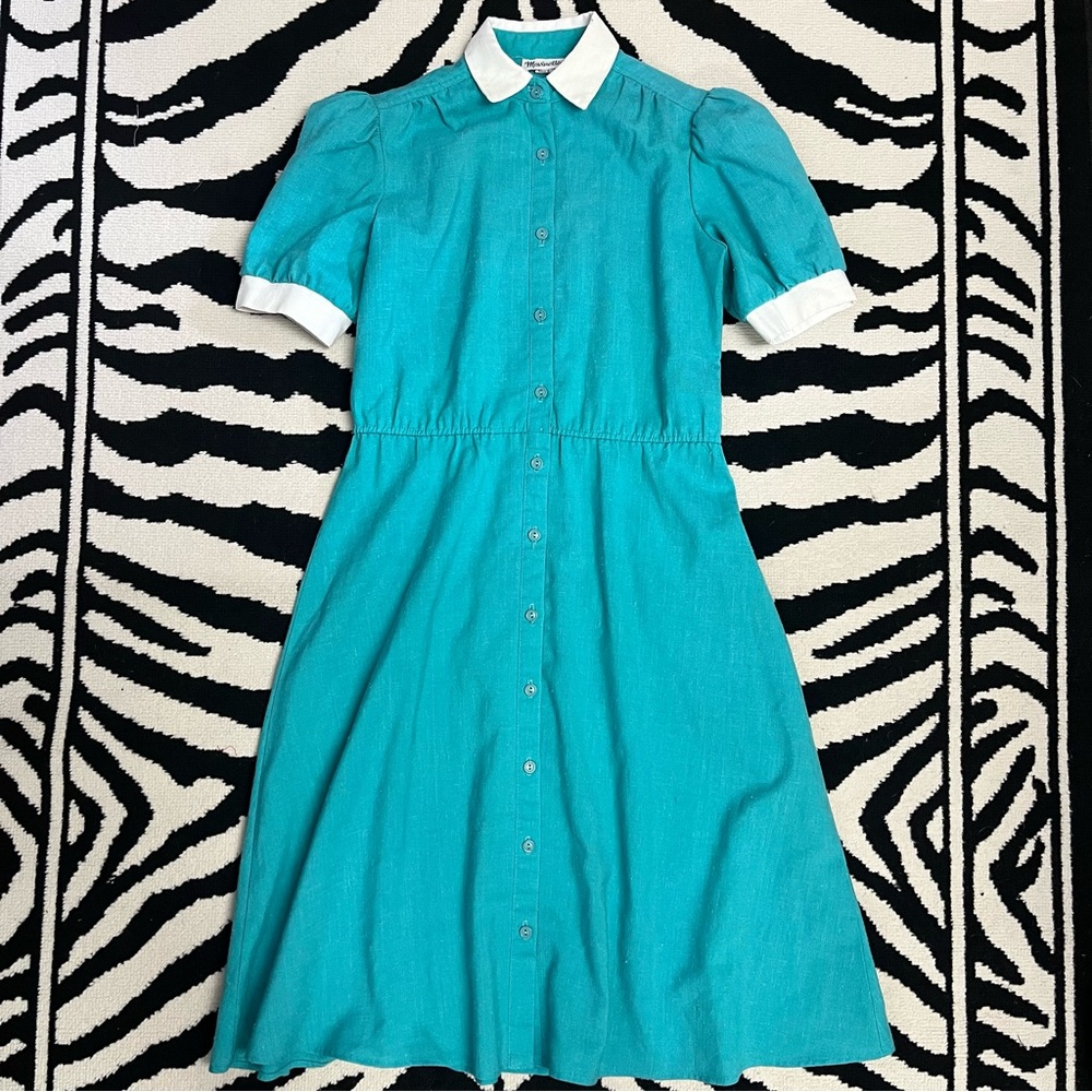 Vintage MOD Mid Century Robin Egg Blue Secretary Dress Button Front Collar Small